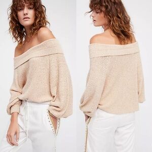 Free People Edessa Off The Shoulder Sweater Almond Beachy Boho Womens XS